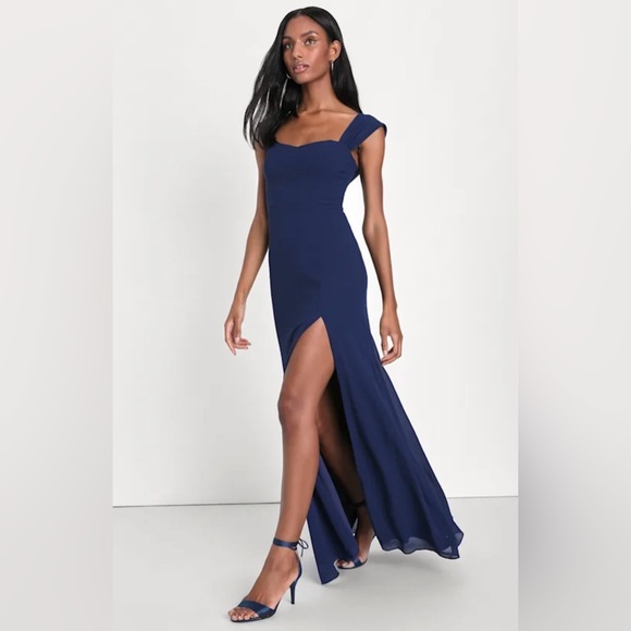 Lulus Magical Magnetism Navy Blue Off-the-Shoulder Maxi Dress M NWT - Picture 8 of 8